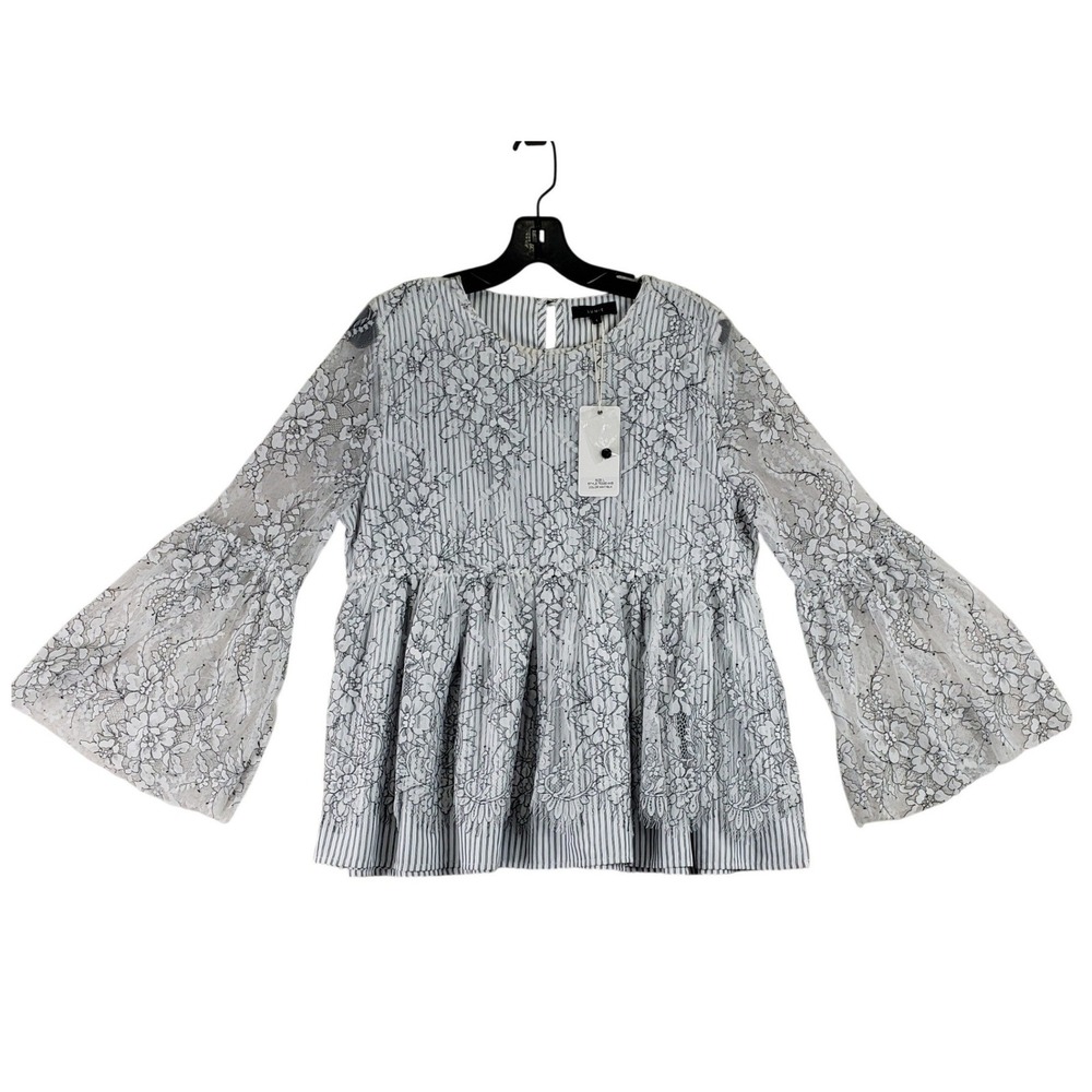 LUMIE Bell Sleeve Lace Blouse Womens L White Black Romantic T0330-WB NWT